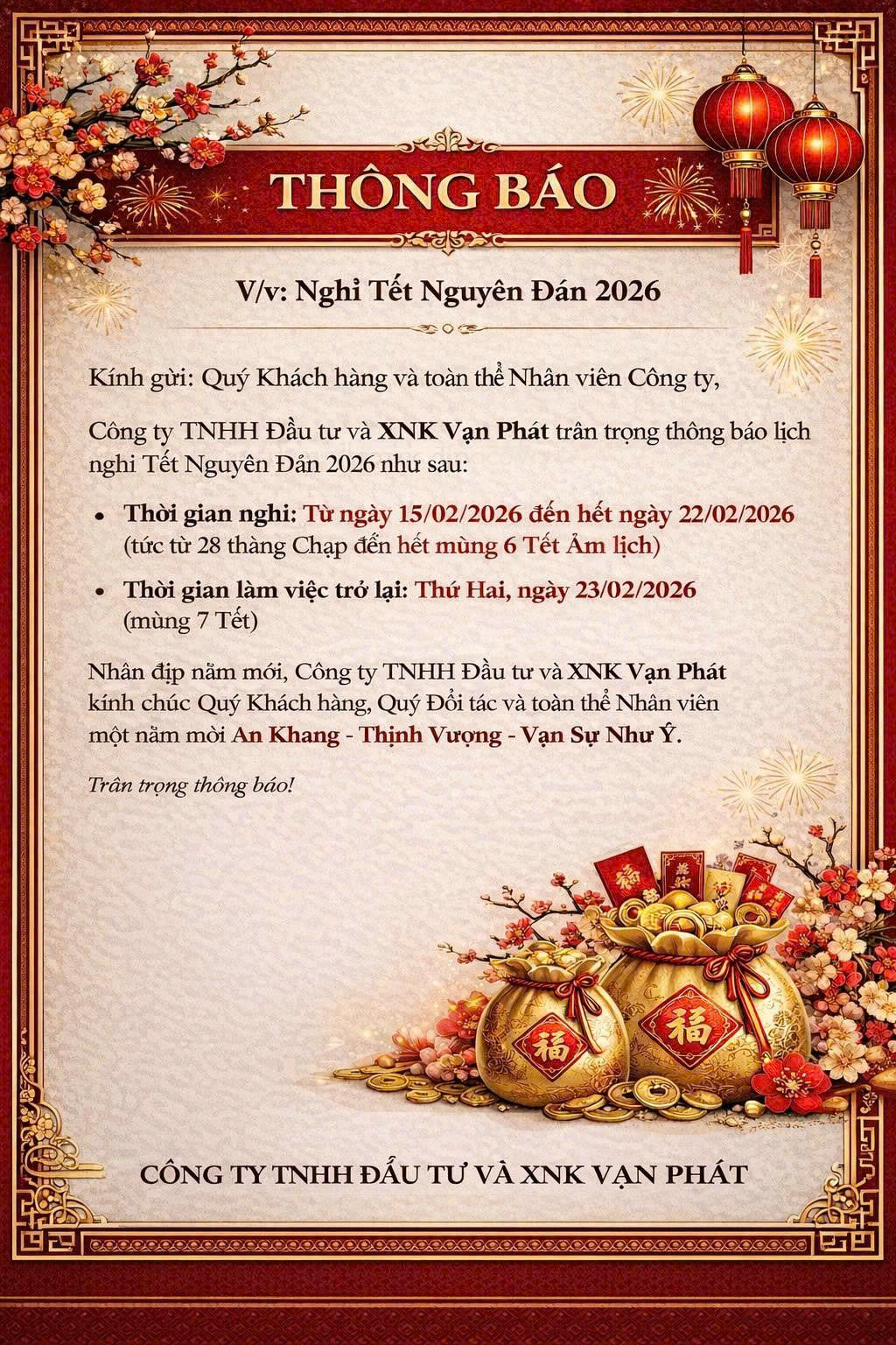 Thông báo nghỉ Tết Nguyên Đán 2026