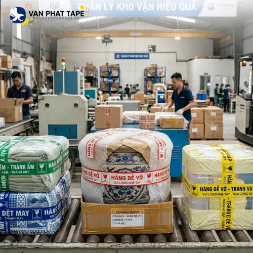 Băng keo hàng dễ vỡ tại kho vận chuyển
